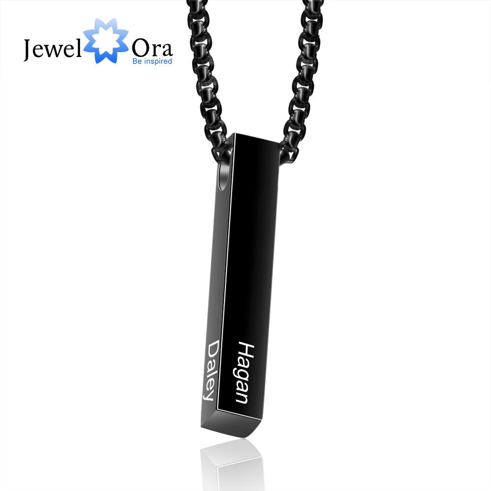 JewelOra Personalized 4 Sides Engraving Name Men Necklaces Customized 3 colors Stainless Steel Vertical Bar Pendant for Fathers