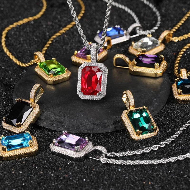 Bling Square Necklace | Pendant Necklace | 22 Colors Micro Pave Necklace | Cubic Zircon Necklace | Hip Hop Necklace