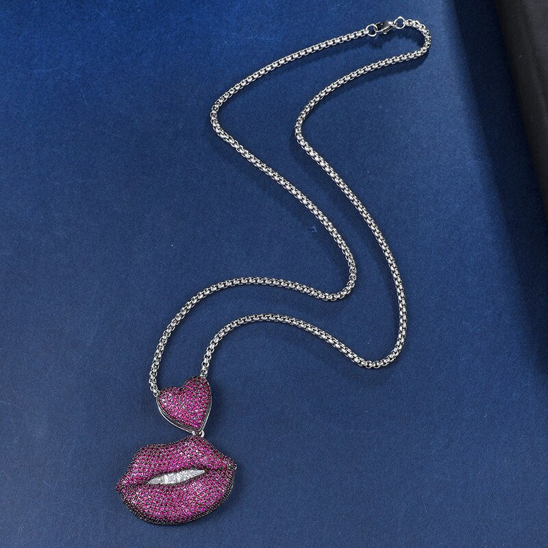 Red Lips Necklace | Red Crystal Lips Pendant