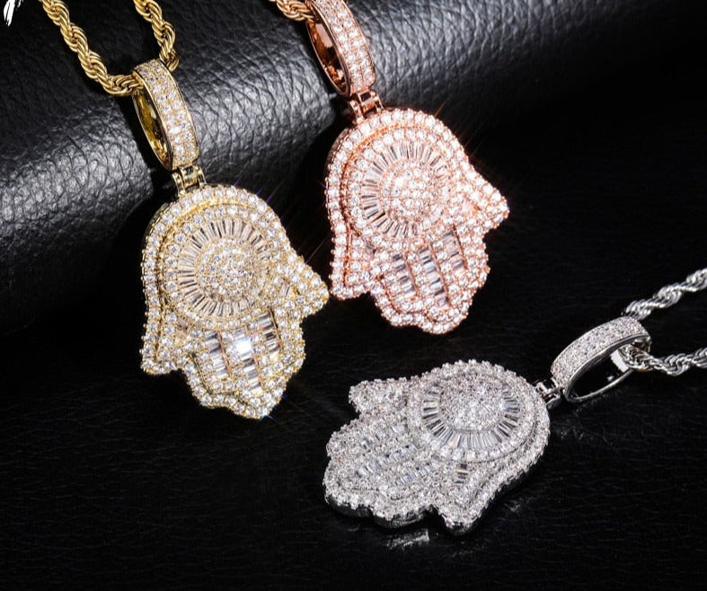Hamsa Hand Pendant Necklace | Iced Out Hip Hop Necklaces 