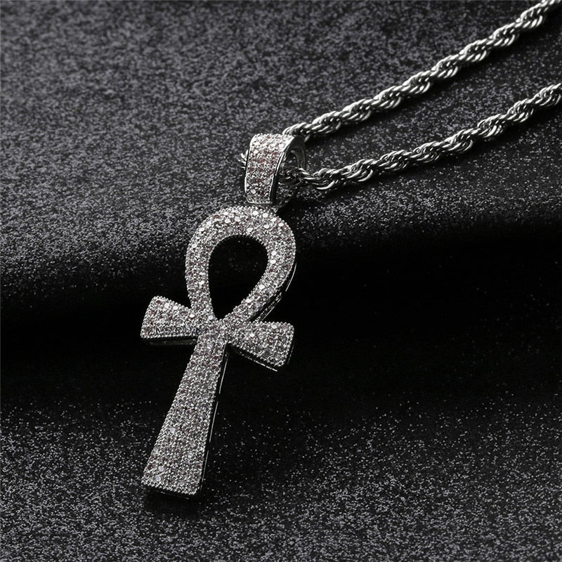 Iced Out Egyptian Ankh Key Pendant Necklace | Cuban Link Necklace
