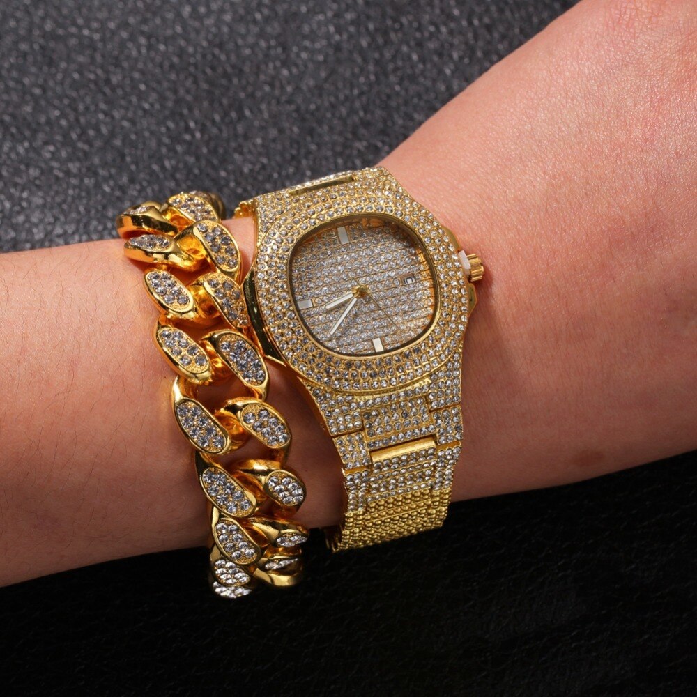 Mens Gold Watch and Bracelet Set | Iced Out Jewelry