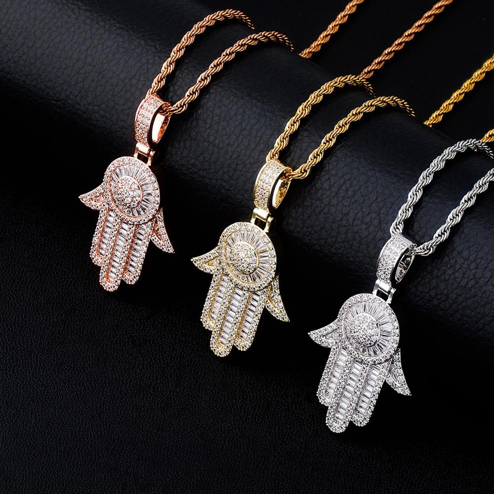 Hamsa Hand Pendant Necklace | Iced Out Tennis Chain Necklace 