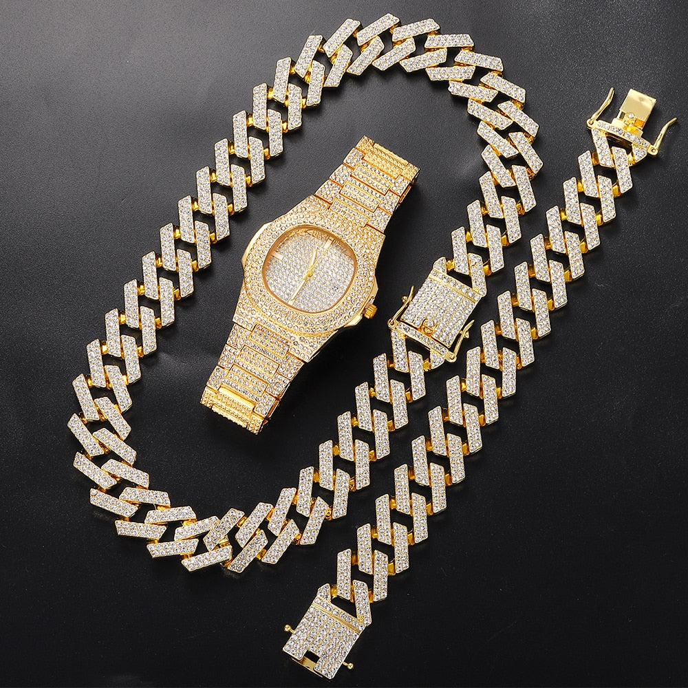 Mens Gold Watch and Bracelet Set | Iced Out Jewelry