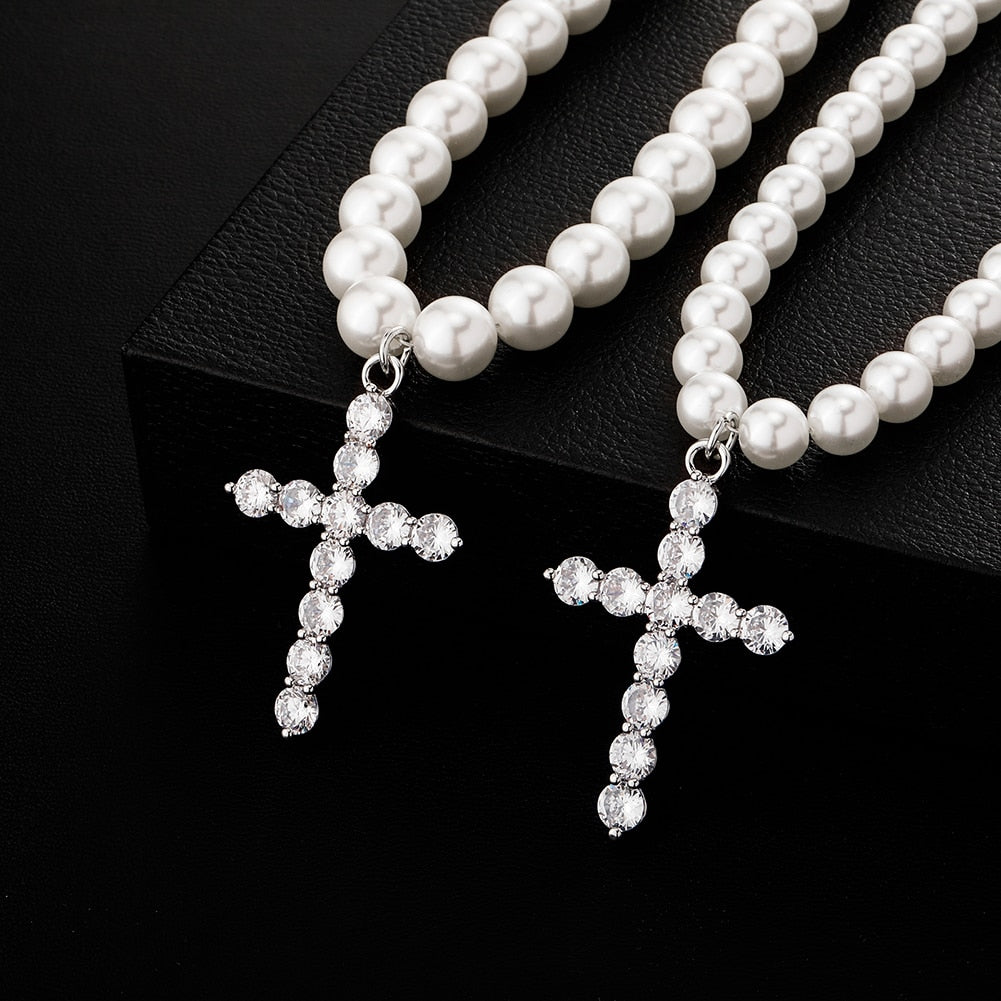 Pearl Cross Pendant | Mens Pearl Necklace | Pearl Necklace Men