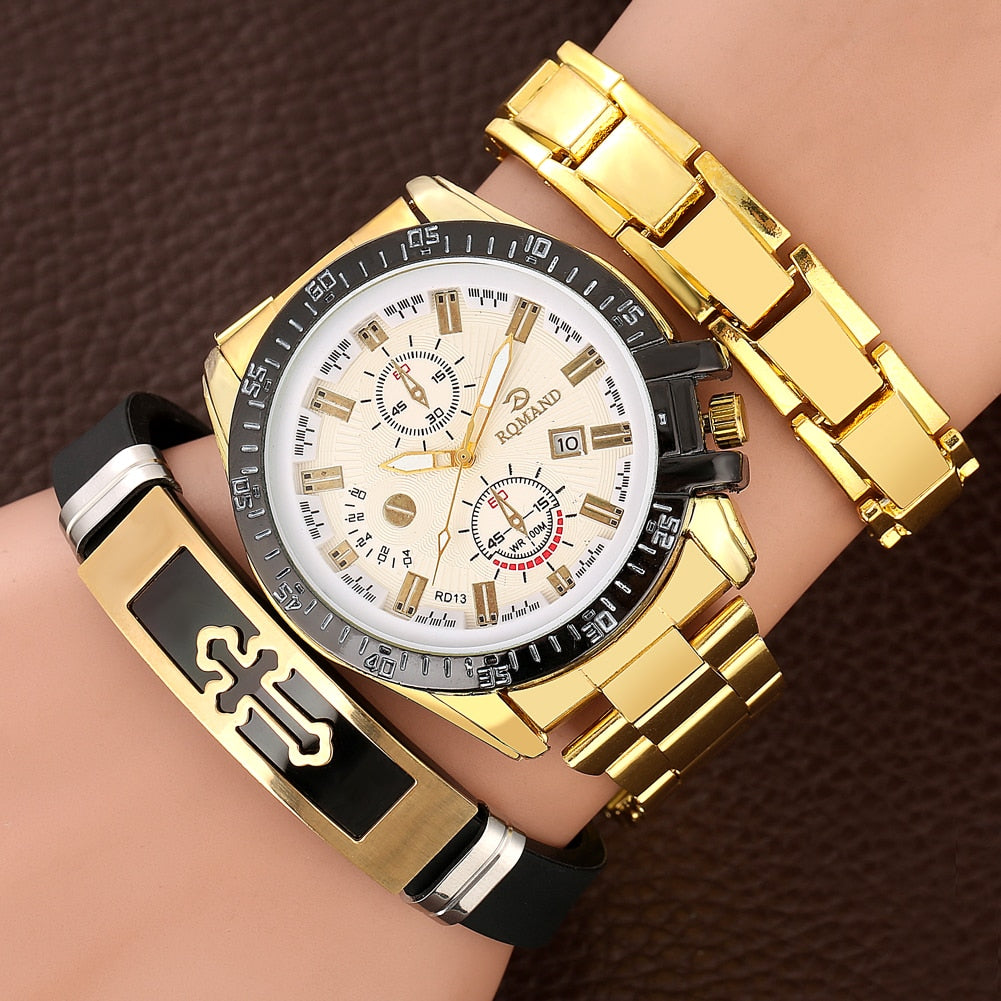 Mens Gold Watch and Bracelet Boxed Set Mens Gold Watch and Bracelets