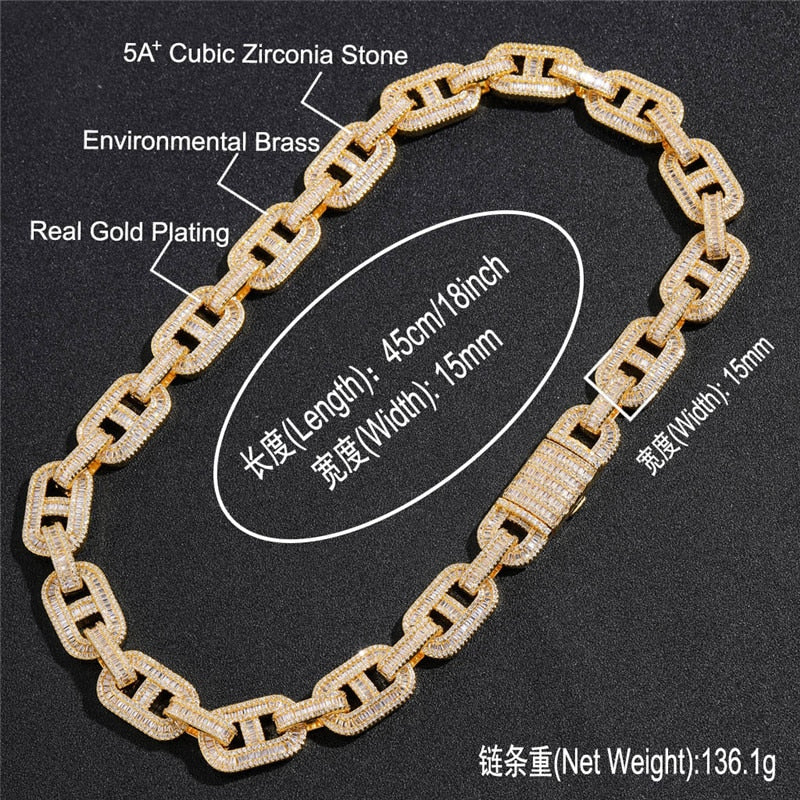 15mm Cuban Link Chain | Cuban Link Chain | Baguette Diamond Chain