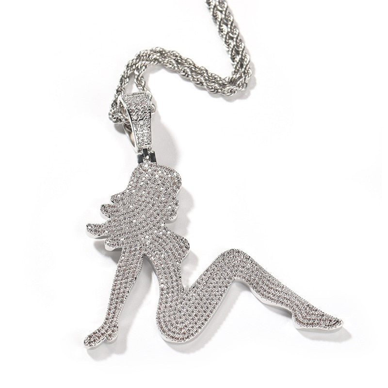 Pendant With Womans Profile | Iced Out Chain for Women | Iced Out Chains with Pendants