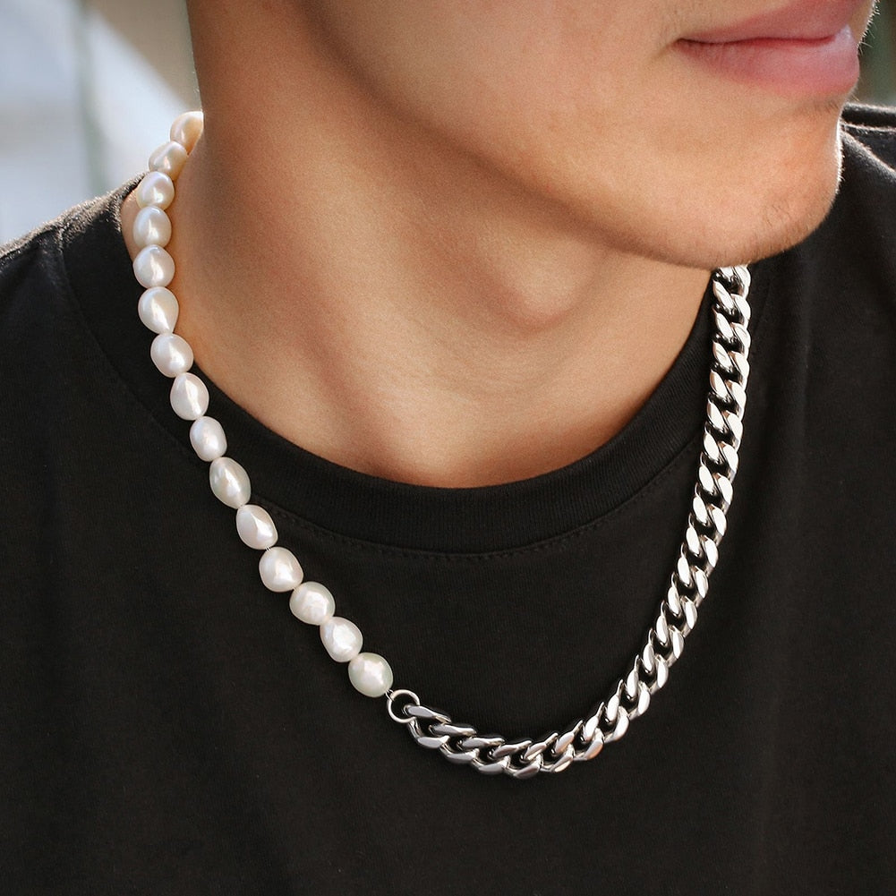 Pearl Necklace for Men | Half Pearl Half Chain Necklace | Half Chain Half Pearl Necklace