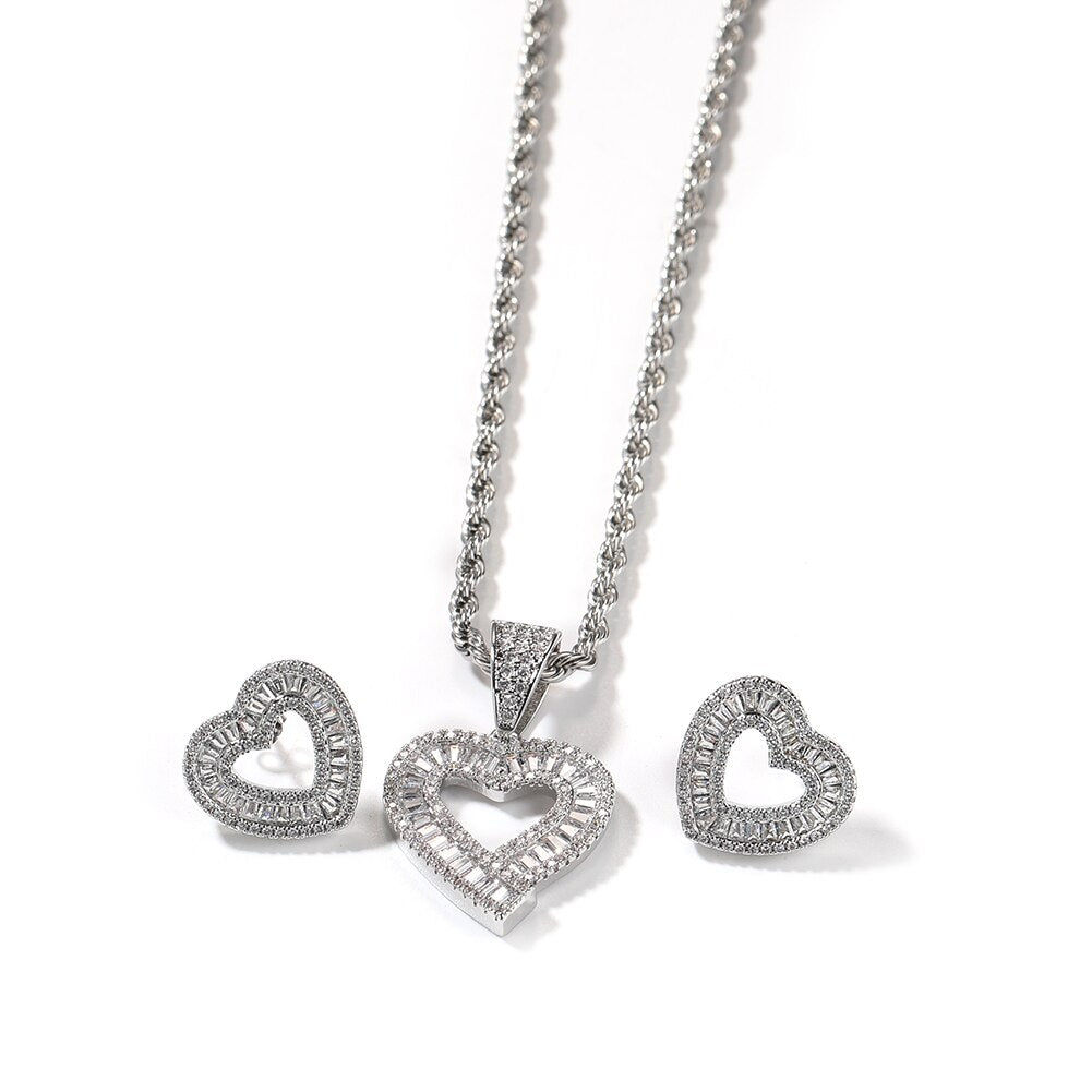 Love Style Earring | Hollow Necklace | Heart Jewelry Set | Full Iced Cubic Zirconia Necklace | Love Style Earrings | Pendant Necklace