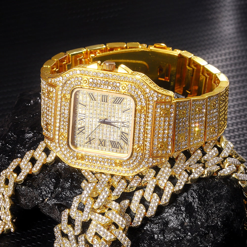 Mens Gold Watch and Bracelet Set | Iced Out Jewelry | Diamond Watches for Men