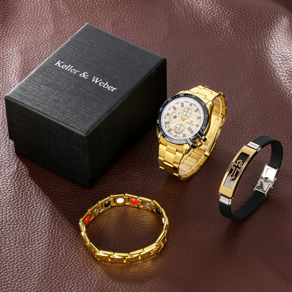 Mens Gold Watch and Bracelet Boxed Set | Mens Gold Watch and Bracelets Set
