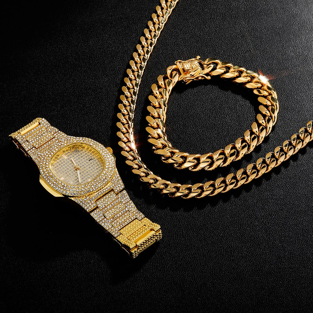Hip Hop Jewelry Sets | Iced Out Watch Set | Watch and Bracelet Set