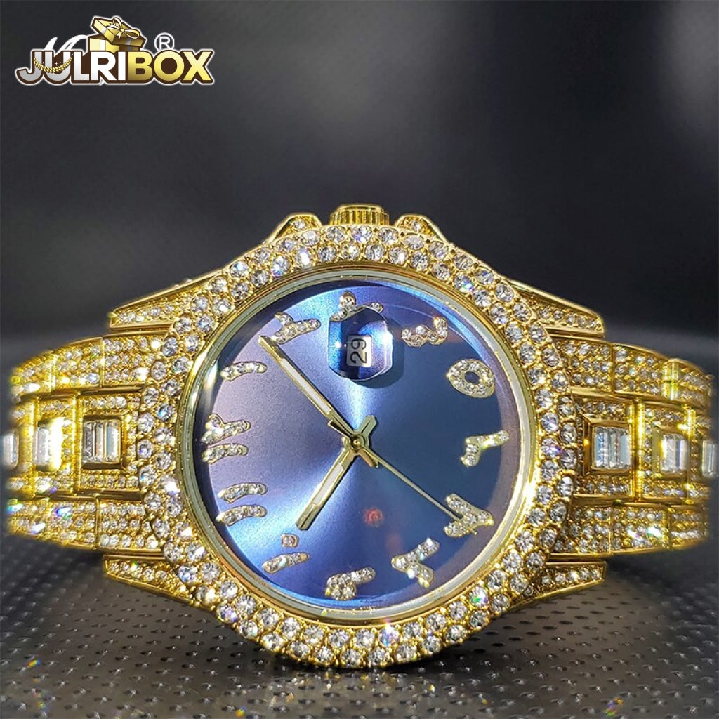 Couple Watch | Luxury Diamond Watches Unique Ice Blue With Arabic Numbers Arab Blue-Gold