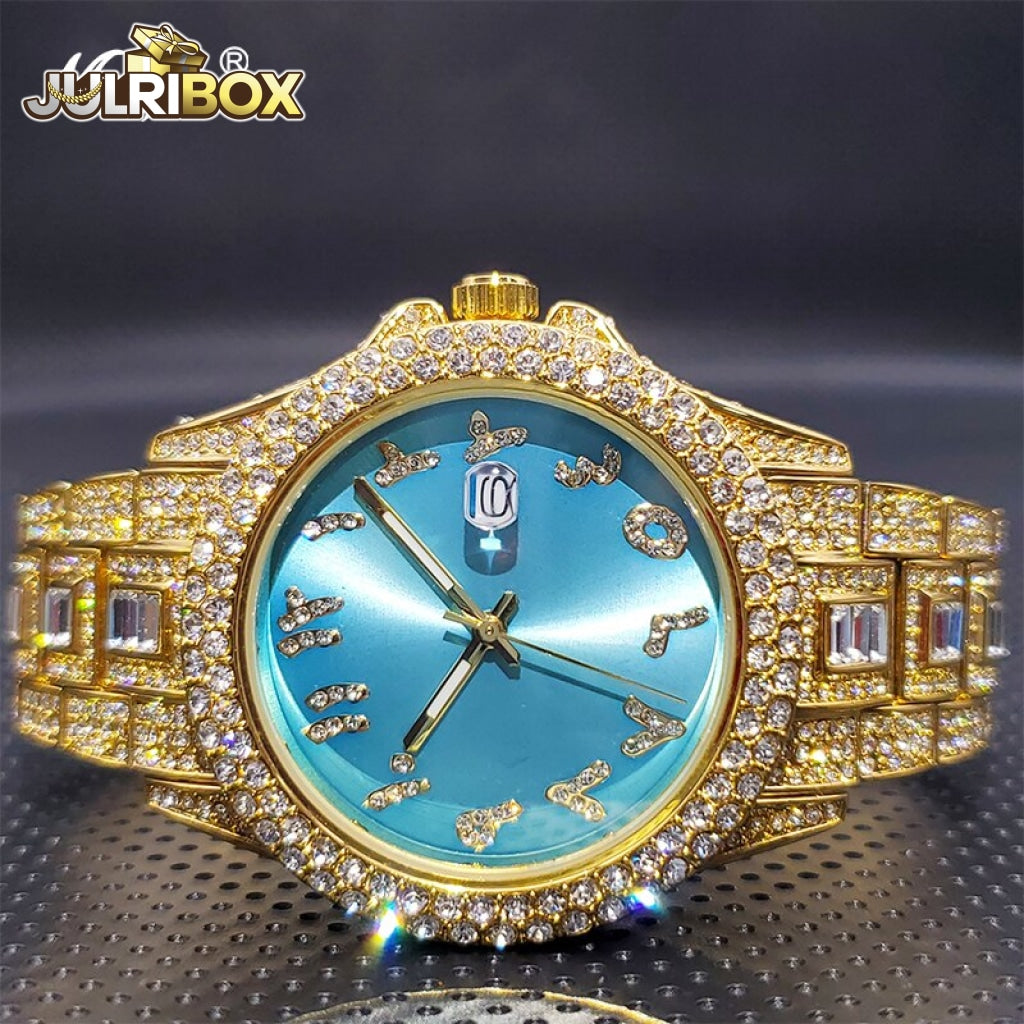 Couple Watch | Luxury Diamond Watches Unique Ice Blue With Arabic Numbers Arab Light Blue-Gold