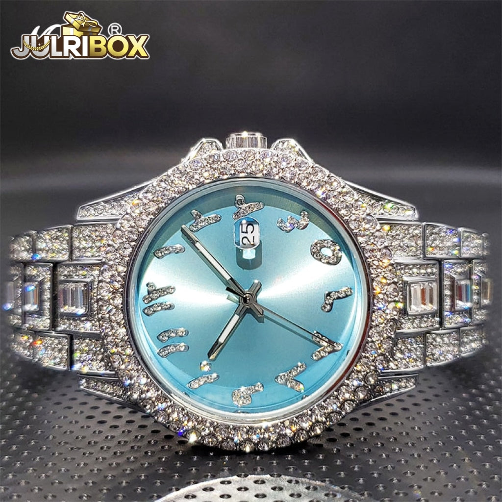 Couple Watch | Luxury Diamond Watches Unique Ice Blue With Arabic Numbers Arab Light Blue-Silver