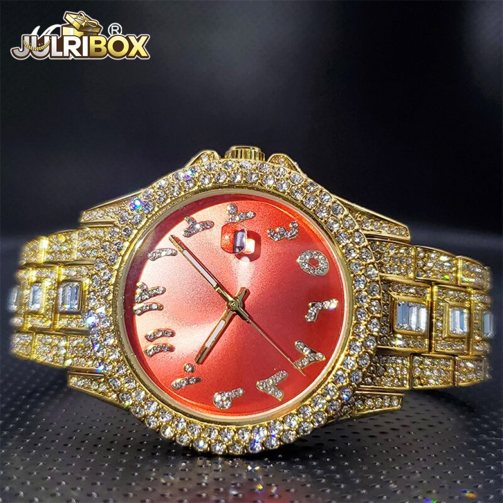 Couple Watch | Luxury Diamond Watches Unique Ice Blue With Arabic Numbers Arab Red-Gold