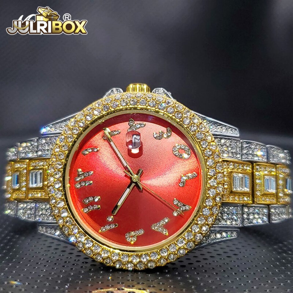 Couple Watch | Luxury Diamond Watches Unique Ice Blue With Arabic Numbers Arab Red-Goldsilver