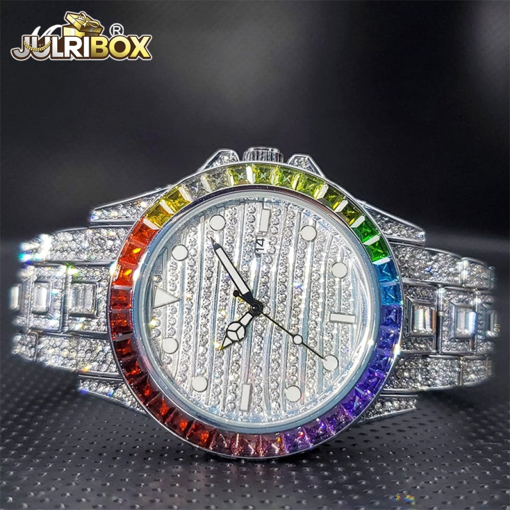 Luxury Brand Watch | Men Bezel With Colorful Diamond Waterproof Watches Ice Out Date Adjust
