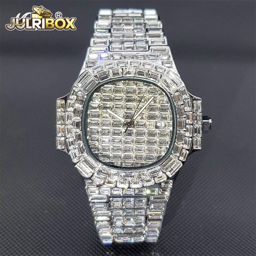 Luxury Watches | Watch Brands Mens Baguette For Sale Hip Hop Iced Out Rectangle Diamond Silver